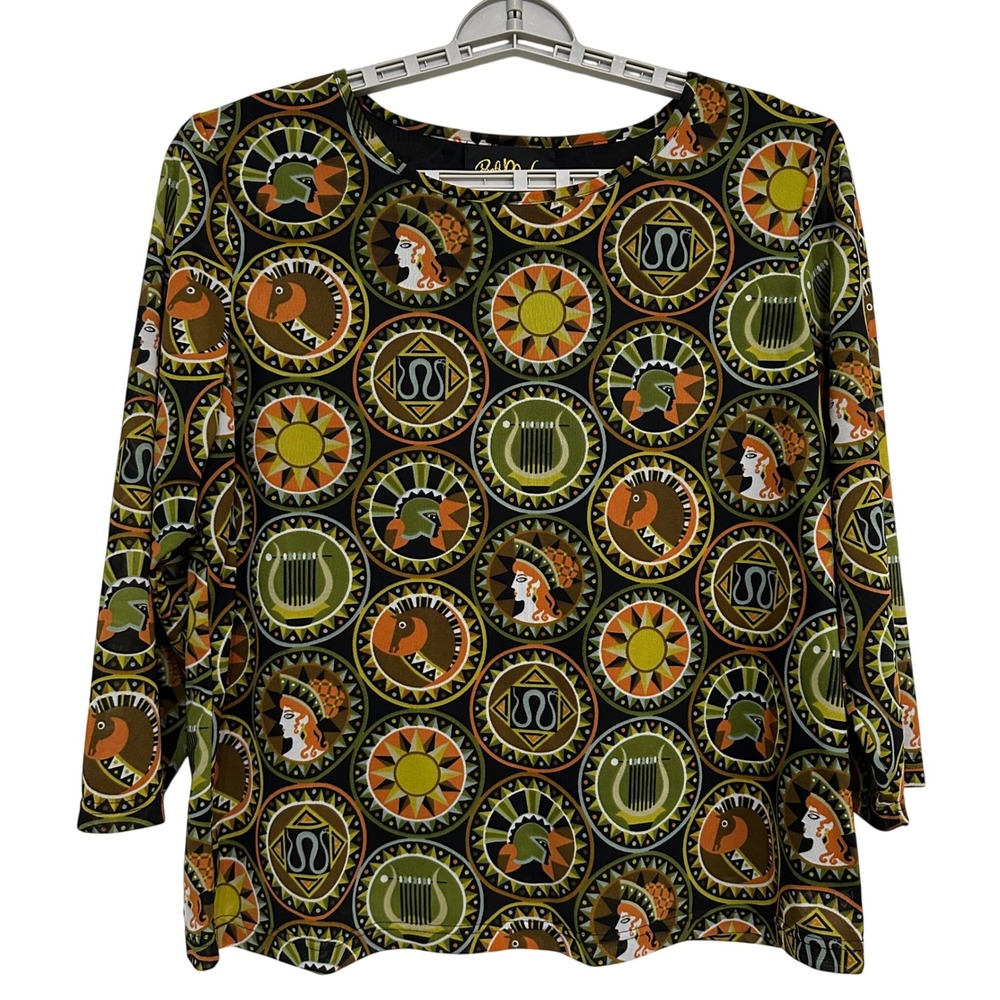 Bob Mackie Wearable Art Top L Greek Mythology Medallion Print Mesh Lined Goddess